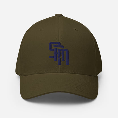 "SAN" Structured Twill Cap | Flexfit 6277 | E Luna Brand PREMIUM Quadcrest 4 Navy Thread Logos: Front, Left, Right Signature & Back [3D Puff Edition]