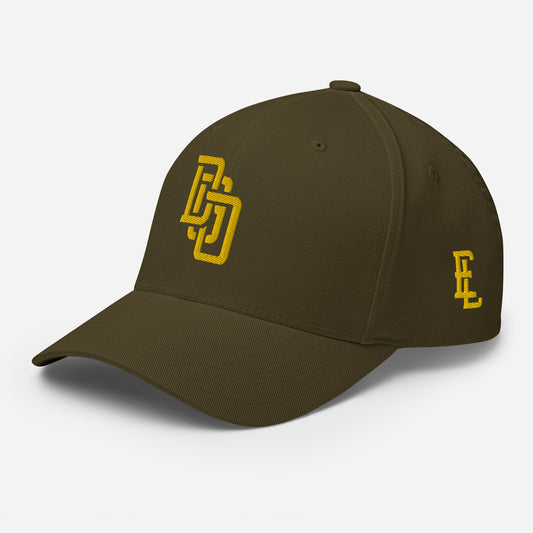 "DGO" Structured Twill Cap | Flexfit 6277 | E Luna SELECT Tricrest 3 Gold Thread Front, Left Side & Back Logos