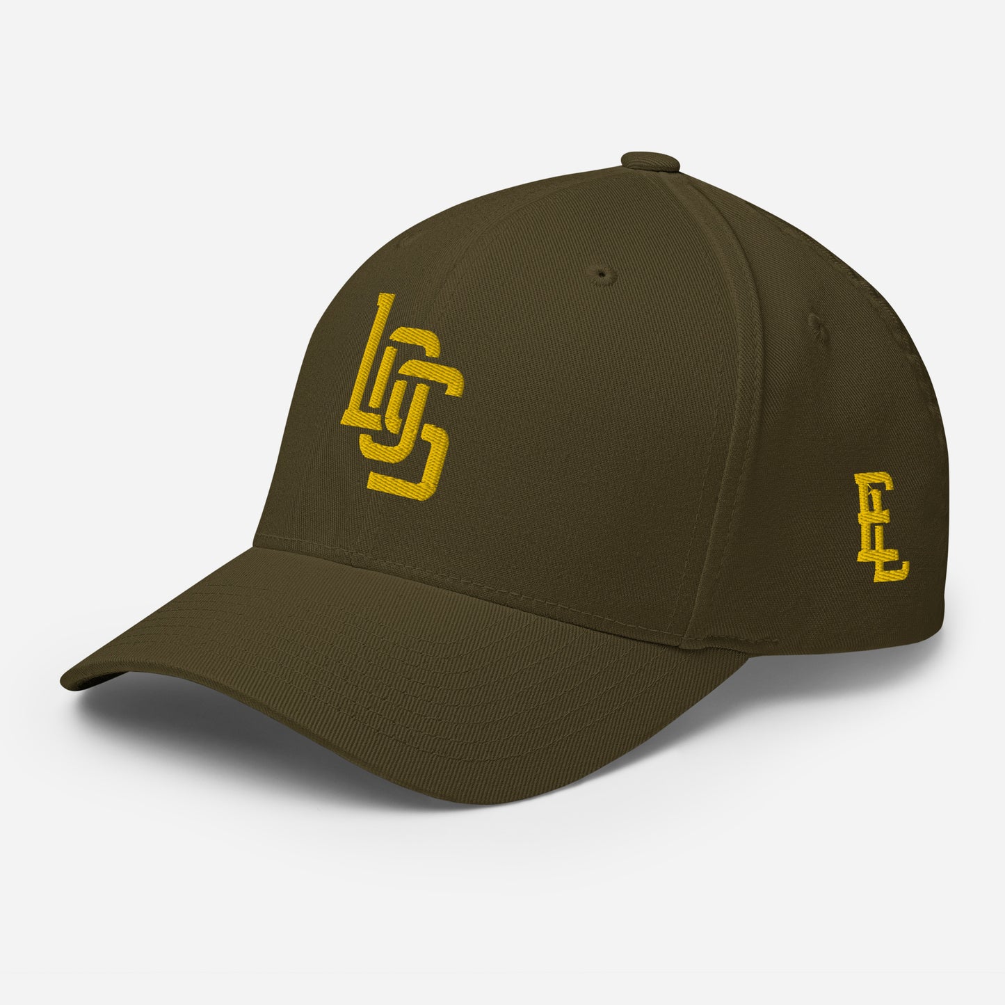 "LOS" Structured Twill Cap | Flexfit 6277 | E Luna ESSENTIAL Duocrest 2 Gold Thread Front & Left Side Logos