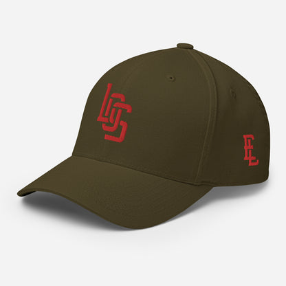 "LOS" Structured Twill Cap | Flexfit 6277 | E Luna SELECT Tricrest 3 Red Thread Front, Left Side & Back Logos