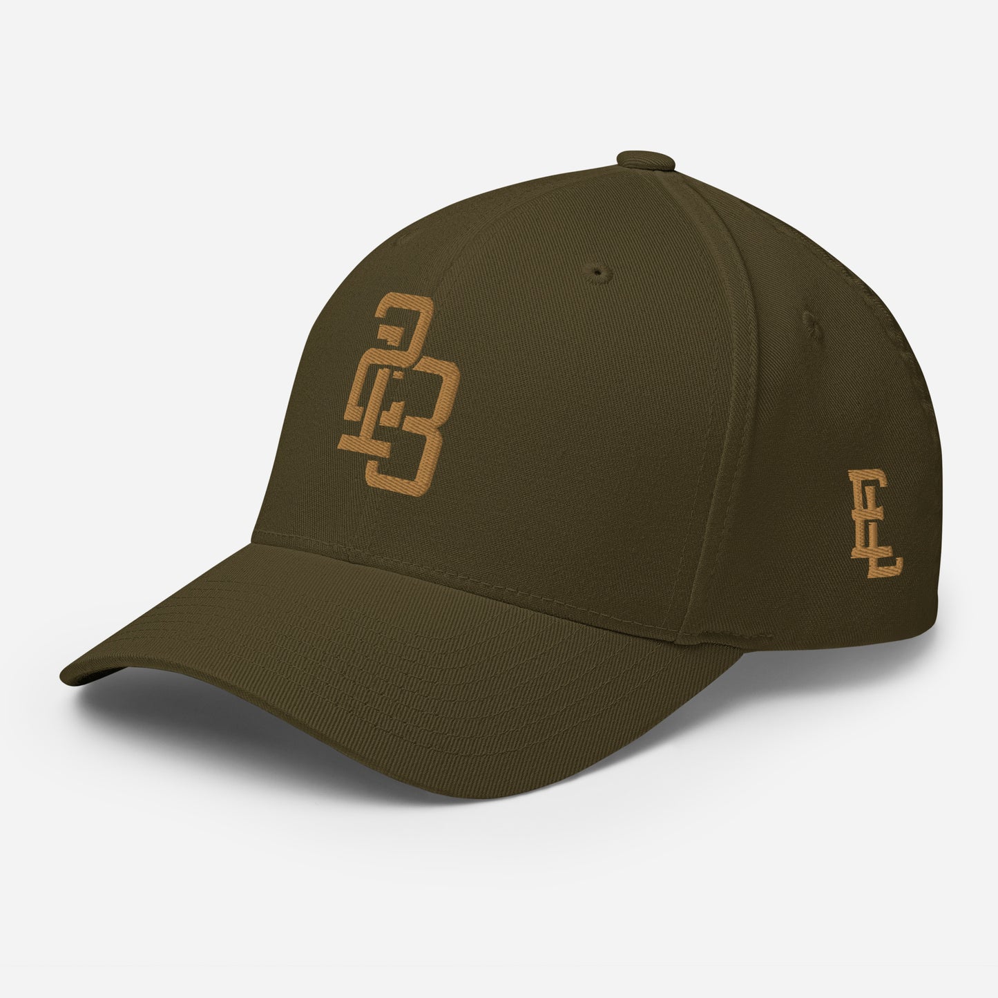 "213" Structured Twill Cap | Flexfit 6277 | E Luna ESSENTIAL Duocrest 2 Old Gold Thread Front & Left Side Logos