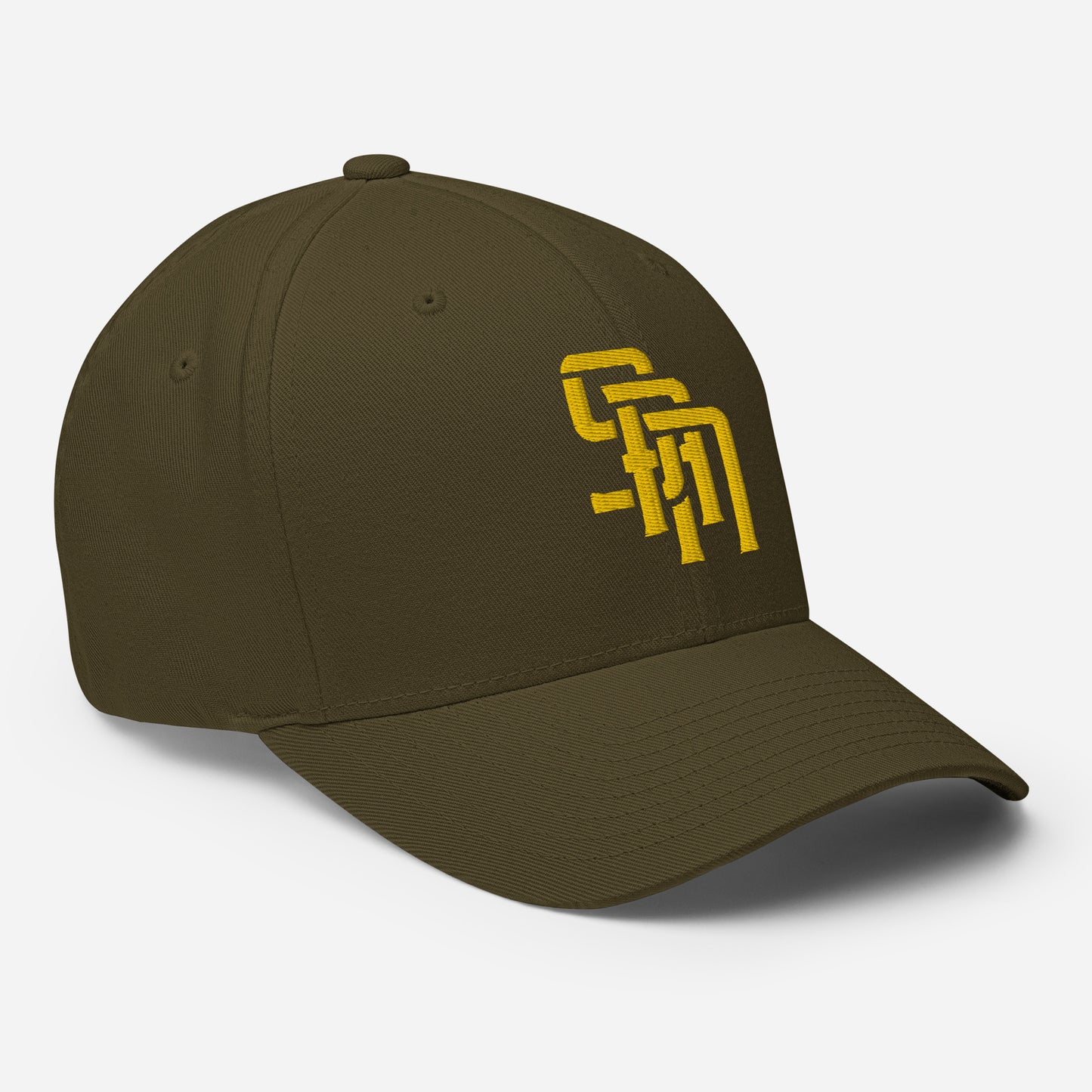 "SAN" Structured Twill Cap | Flexfit 6277 | E Luna Brand ESSENTIAL Duocrest 2 Gold Thread Logos: Front & Left