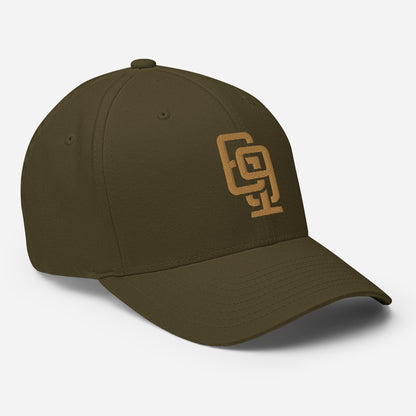 "619" Structured Twill Cap | Flexfit 6277 | E Luna Brand SELECT Tricrest 3 Old Gold Thread Front, Left Side & Back Logos