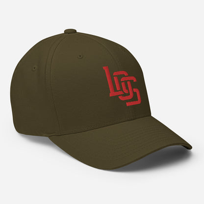 "LOS" Structured Twill Cap | Flexfit 6277 | E Luna ESSENTIAL Duocrest 2 Red Thread Front & Left Side Logos