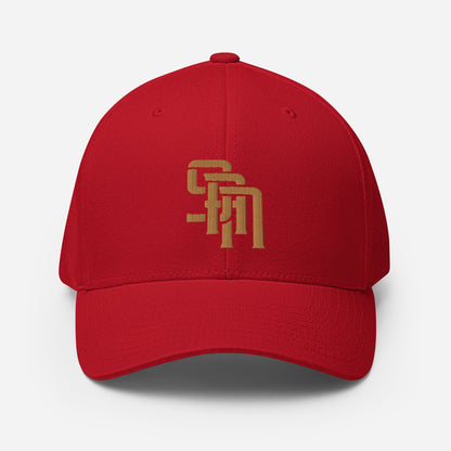 "SAN" Structured Twill Cap | Flexfit 6277 | E Luna Brand PREMIUM Quadcrest 4 Old Gold Thread Logos: Front, Left, Right Signature & Back [3D Puff Edition]