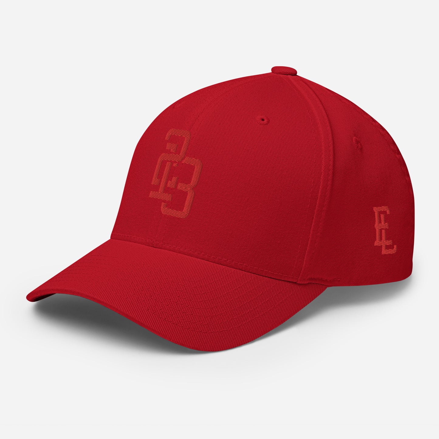 "213" Structured Twill Cap | Flexfit 6277 | E Luna ESSENTIAL Duocrest 2 Red Thread Front & Left Side Logos