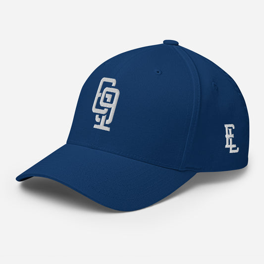 "619" Structured Twill Cap | Flexfit 6277 | E Luna Brand SELECT Tricrest 3 White Thread Front, Left Side & Back Logos