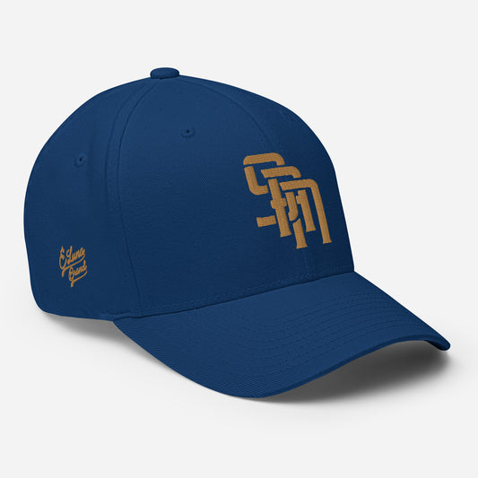 "SAN" Structured Twill Cap | Flexfit 6277 | E Luna Brand PREMIUM Quadcrest 4 Old Gold Thread Logos: Front, Left, Right Signature & Back [3D Puff Edition]