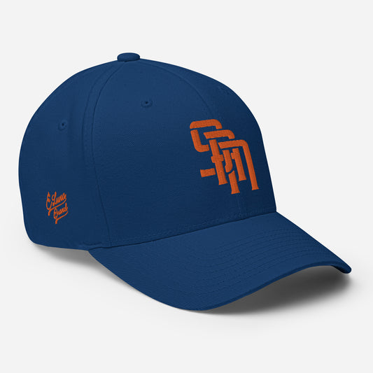 "SAN" Structured Twill Cap | Flexfit 6277 | E Luna Brand PREMIUM Quadcrest 4 Orange Thread Logos: Front, Left, Right Signature & Back [3D Puff Edition]