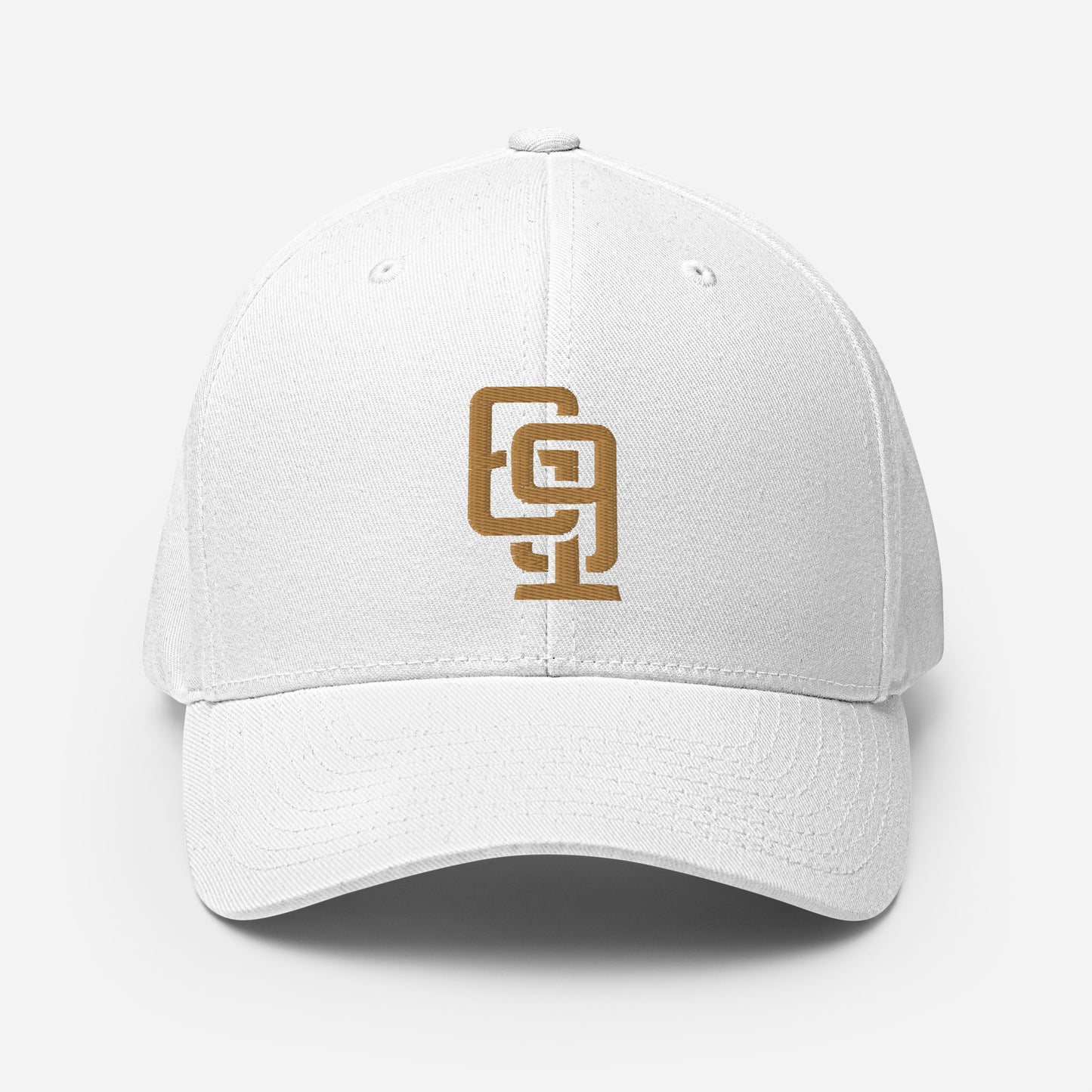 "619" Structured Twill Cap | Flexfit 6277 | E Luna Brand SELECT Tricrest 3 Old Gold Thread Front, Left Side & Back Logos