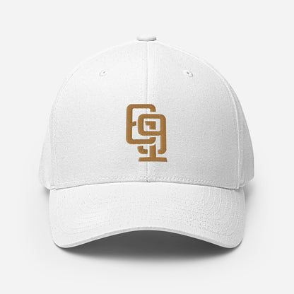 "619" Structured Twill Cap | Flexfit 6277 | E Luna Brand SELECT Tricrest 3 Old Gold Thread Front, Left Side & Back Logos