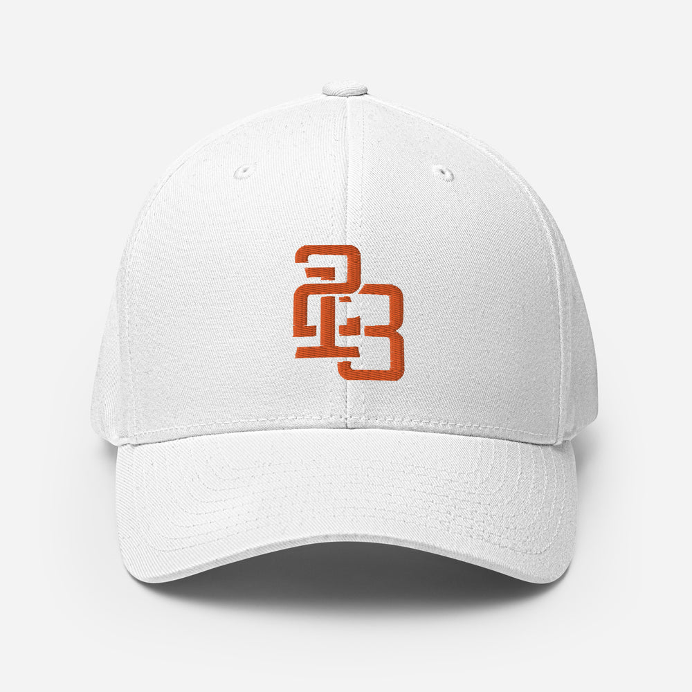 "213" Structured Twill Cap | Flexfit 6277 | E Luna SELECT Tricrest 3 Orange Thread Front, Left Side & Back Logos