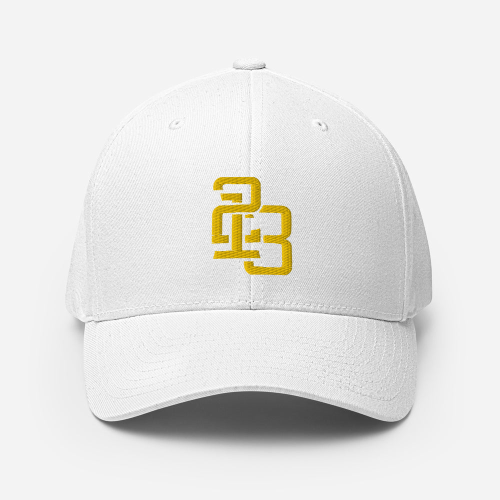 "213" Structured Twill Cap | Flexfit 6277 | E Luna SELECT Tricrest 3 Gold Thread Front, Left Side & Back Logos