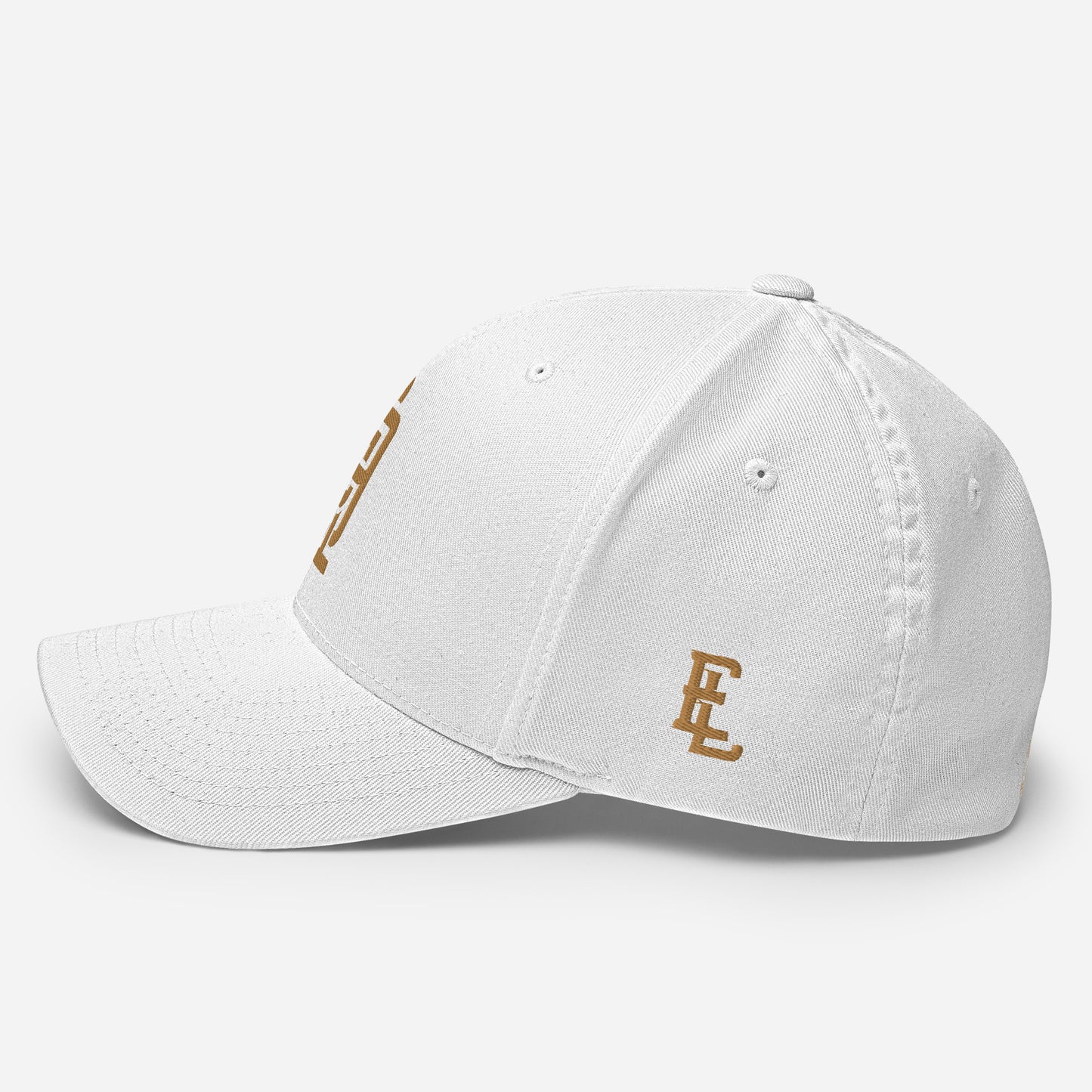 "619" Structured Twill Cap | Flexfit 6277 | E Luna Brand SELECT Tricrest 3 Old Gold Thread Front, Left Side & Back Logos