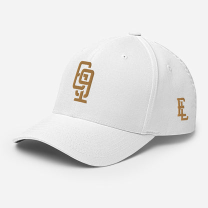 "619" Structured Twill Cap | Flexfit 6277 | E Luna Brand SELECT Tricrest 3 Old Gold Thread Front, Left Side & Back Logos