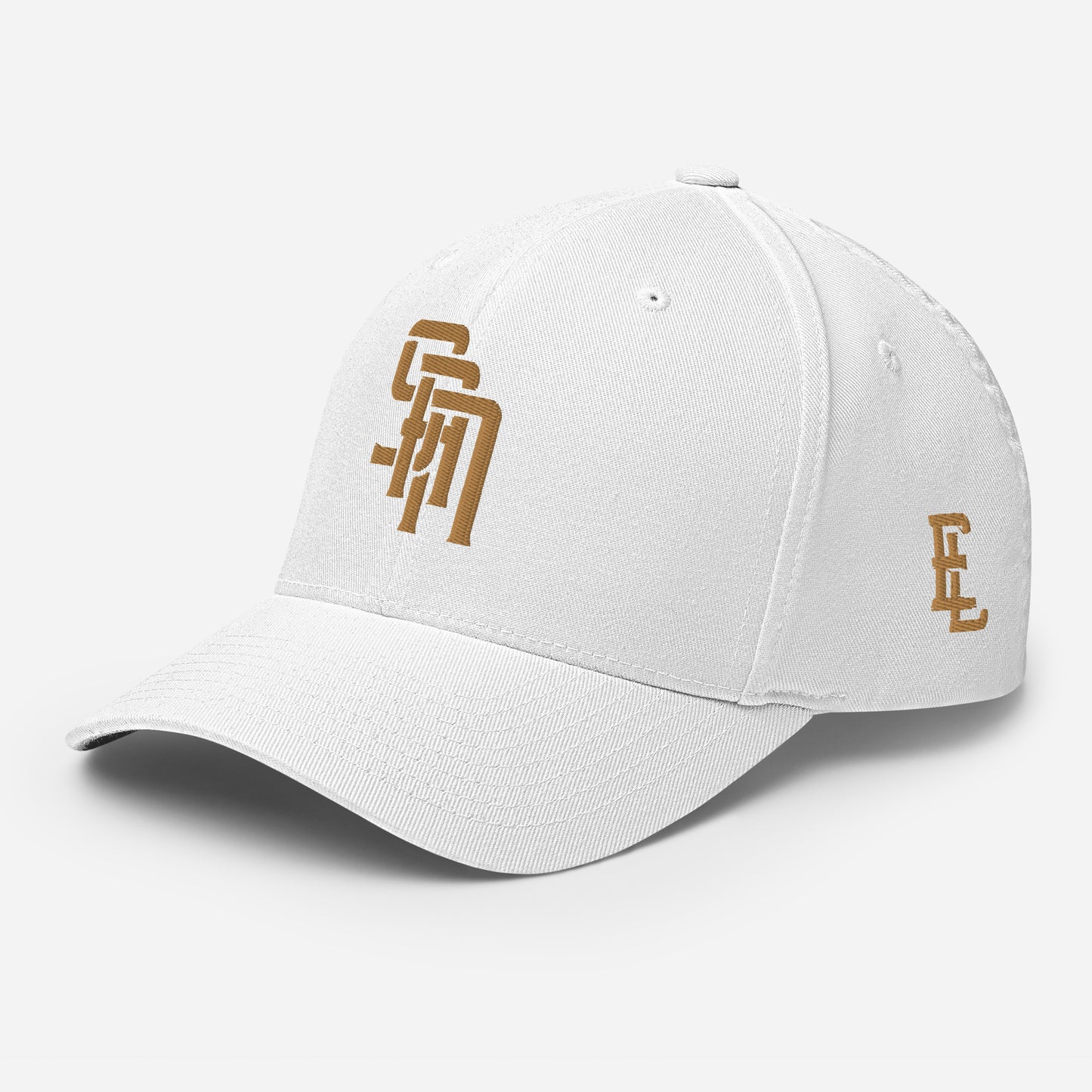 "SAN" Structured Twill Cap | Flexfit 6277 | E Luna Brand SELECT Tricrest 3 Old Gold Thread Logos: Front, Left & Back [3D Puff Edition]