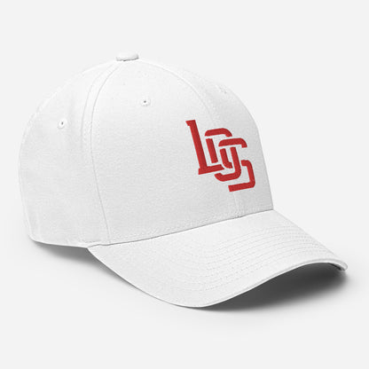 "LOS" Structured Twill Cap | Flexfit 6277 | E Luna SELECT Tricrest 3 Red Thread Front, Left Side & Back Logos