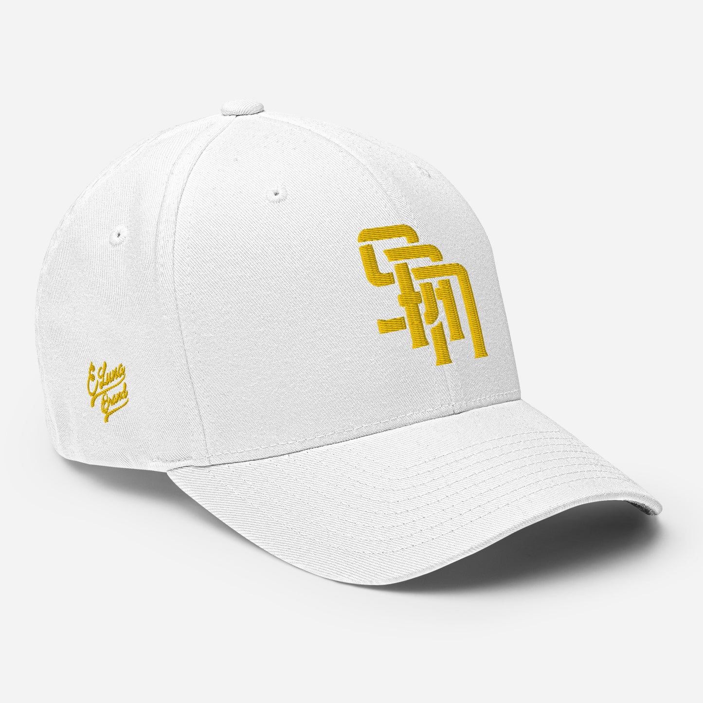 "SAN" Structured Twill Cap | Flexfit 6277 | E Luna Brand PREMIUM Quadcrest 4 Gold Thread Logos: Front, Left, Right Signature & Back [3D Puff Edition]