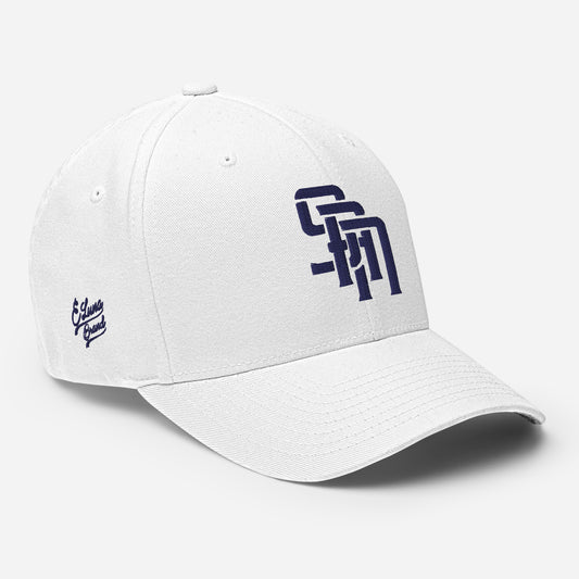 "SAN" Structured Twill Cap | Flexfit 6277 | E Luna Brand PREMIUM Quadcrest 4 Navy Thread Logos: Front, Left, Right Signature & Back [3D Puff Edition]