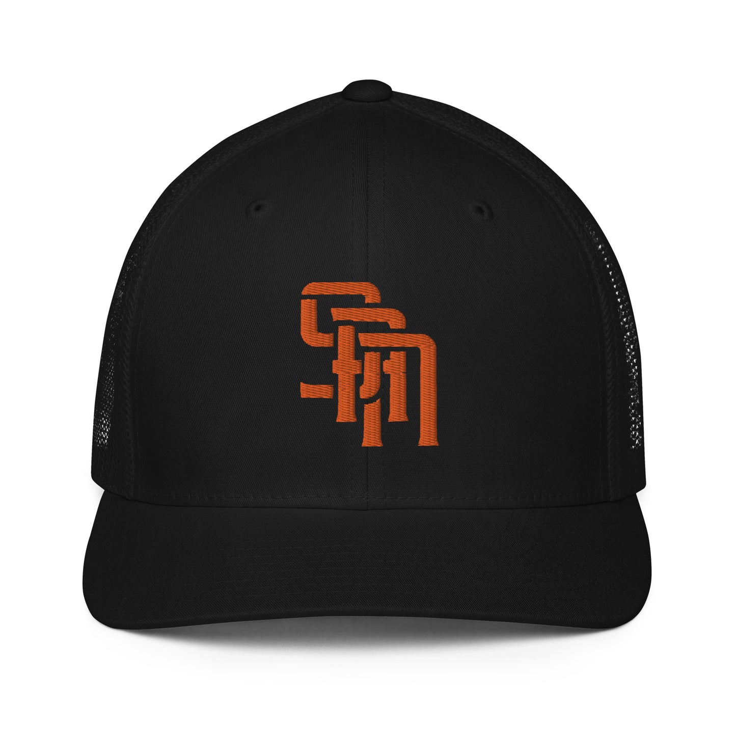 "SAN" Closed-Back Trucker Cap | Flexfit 6511 | E Luna Brand CLASSIC Solocrest 1 Orange Thread Front Logo