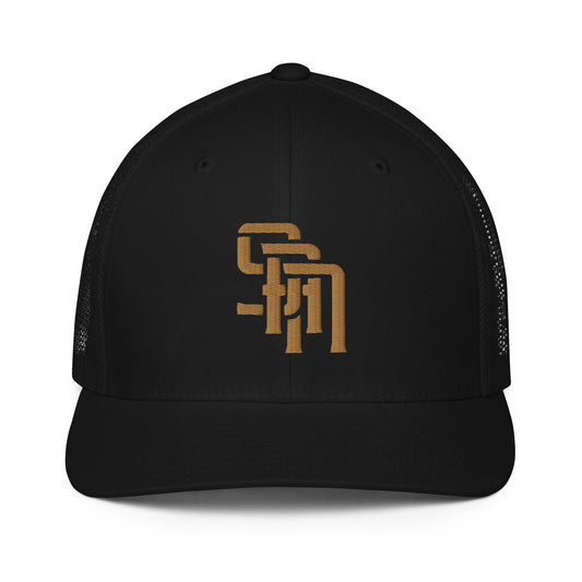 "SAN" Closed-Back Trucker Cap | Flexfit 6511 | E Luna Brand CLASSIC Solocrest 1 Old Gold Thread Front Logo