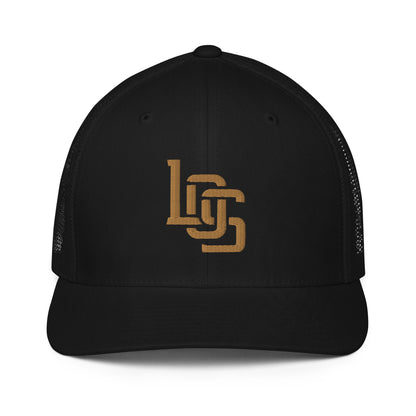 "LOS" Closed-Back Trucker Cap | Flexfit 6511 | E Luna CLASSIC Solocrest 1 Old Gold Thread Front Logo