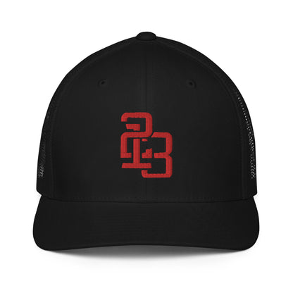 "213" Closed-Back Trucker Cap | Flexfit 6511 | E Luna CLASSIC Solocrest 1 Red Thread Front Logo