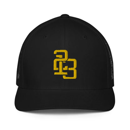 "213" Closed-Back Trucker Cap | Flexfit 6511 | E Luna CLASSIC Solocrest 1 Gold Thread Front Logo