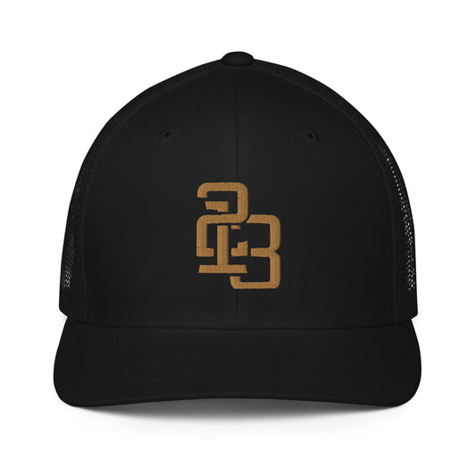 "213" Closed-Back Trucker Cap | Flexfit 6511 | E Luna CLASSIC Solocrest 1 Old Gold Thread Front Logo