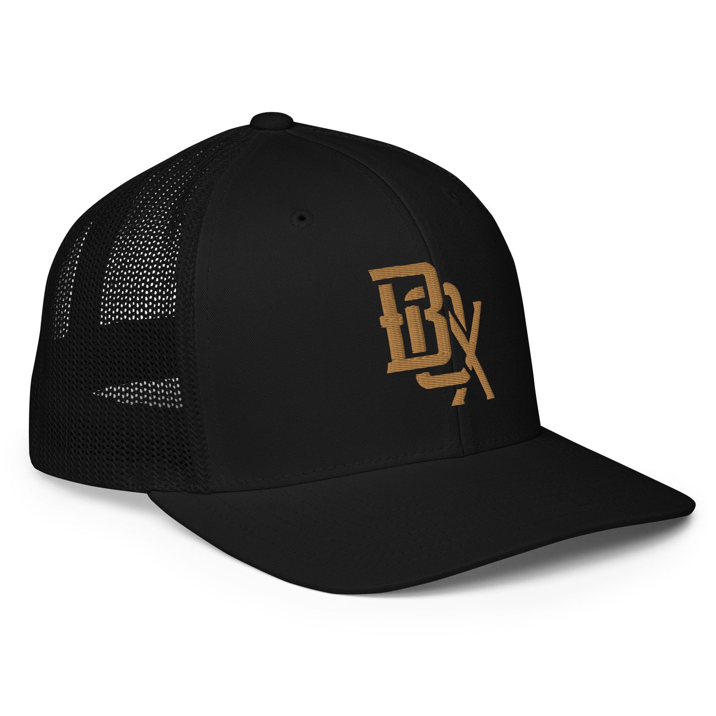 "BOX" Closed-Back Trucker Cap | Flexfit 6511 | E Luna CLASSIC Solocrest 1 Old Gold Thread Front Logo