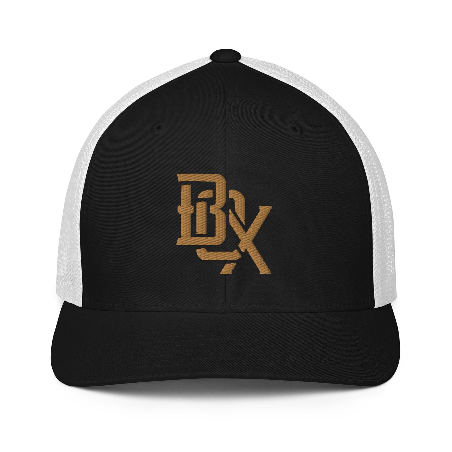 "BOX" Closed-Back Trucker Cap | Flexfit 6511 | E Luna CLASSIC Solocrest 1 Old Gold Thread Front Logo