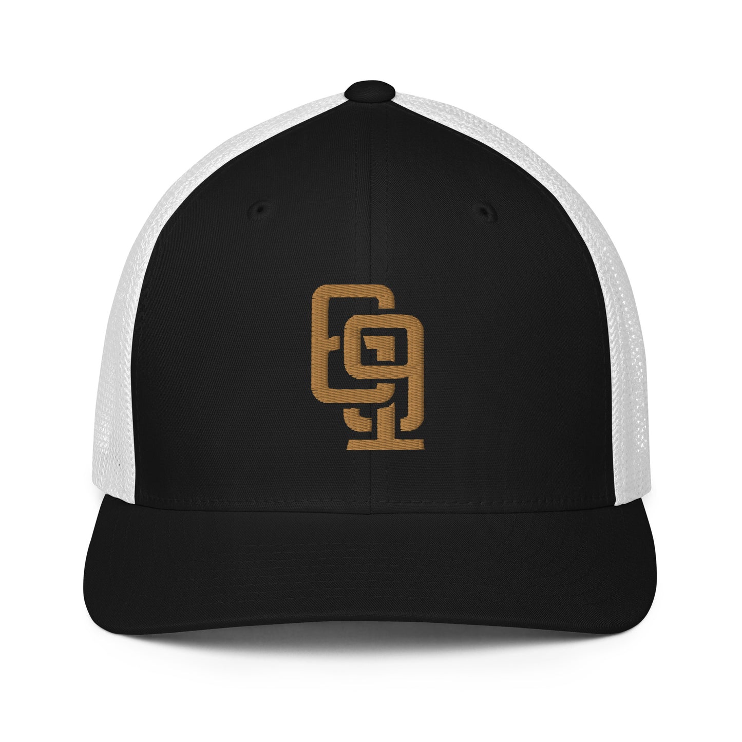 "619" Closed-Back Trucker Cap | Flexfit 6511 | E Luna CLASSIC Solocrest 1 Old Gold Thread Front Logo