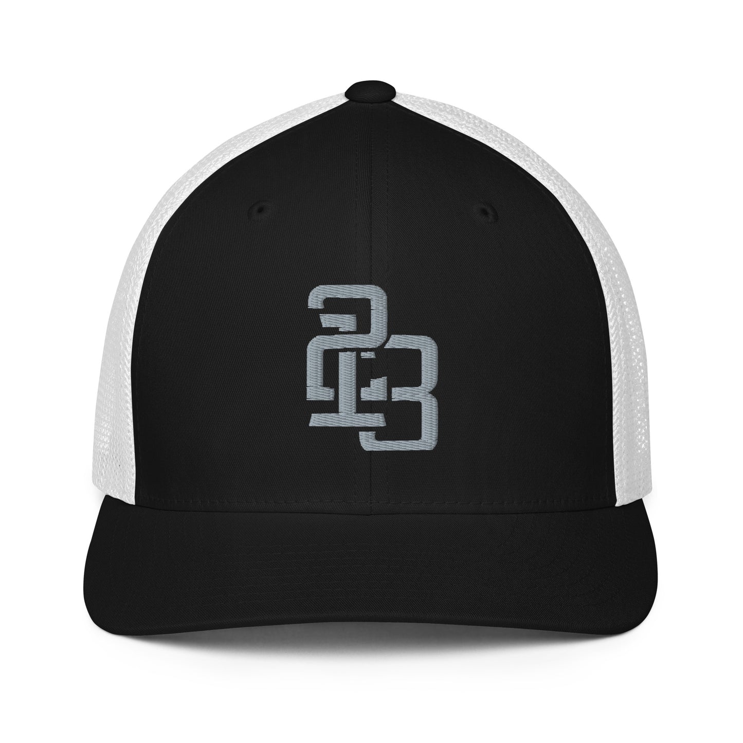"213" Closed-Back Trucker Cap | Flexfit 6511 | E Luna CLASSIC Solocrest 1 Grey Thread Front Logo