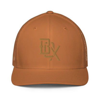 "BOX" Closed-Back Trucker Cap | Flexfit 6511 | E Luna CLASSIC Solocrest 1 Old Gold Thread Front Logo