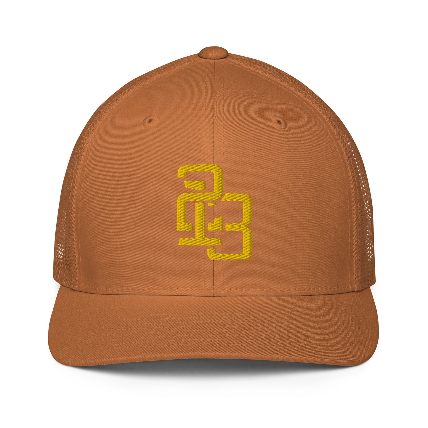 "213" Closed-Back Trucker Cap | Flexfit 6511 | E Luna CLASSIC Solocrest 1 Gold Thread Front Logo