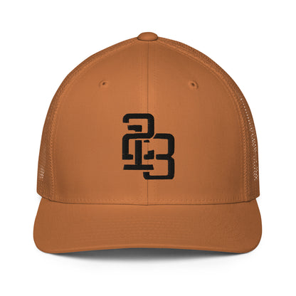"213" Closed-Back Trucker Cap | Flexfit 6511 | E Luna CLASSIC Solocrest 1 Black Thread Front Logo