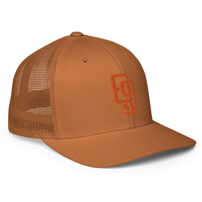 "619" Closed-Back Trucker Cap | Flexfit 6511 | E Luna CLASSIC Solocrest 1 Orange Thread Front Logo
