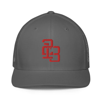 "213" Closed-Back Trucker Cap | Flexfit 6511 | E Luna CLASSIC Solocrest 1 Red Thread Front Logo