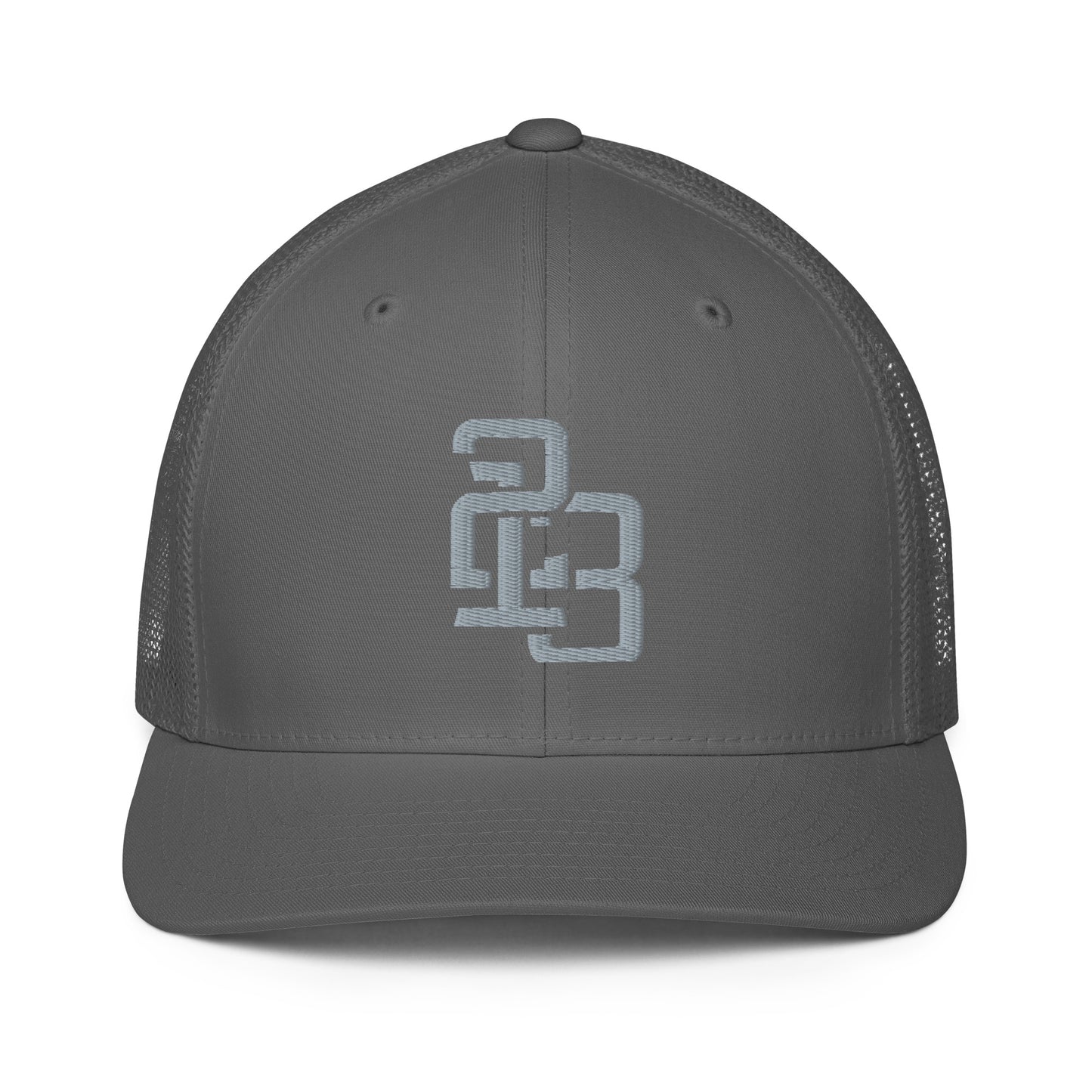 "213" Closed-Back Trucker Cap | Flexfit 6511 | E Luna CLASSIC Solocrest 1 Grey Thread Front Logo