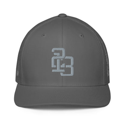 "213" Closed-Back Trucker Cap | Flexfit 6511 | E Luna CLASSIC Solocrest 1 Grey Thread Front Logo