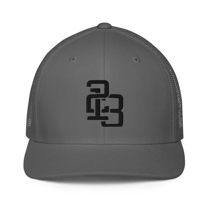 "213" Closed-Back Trucker Cap | Flexfit 6511 | E Luna CLASSIC Solocrest 1 Black Thread Front Logo