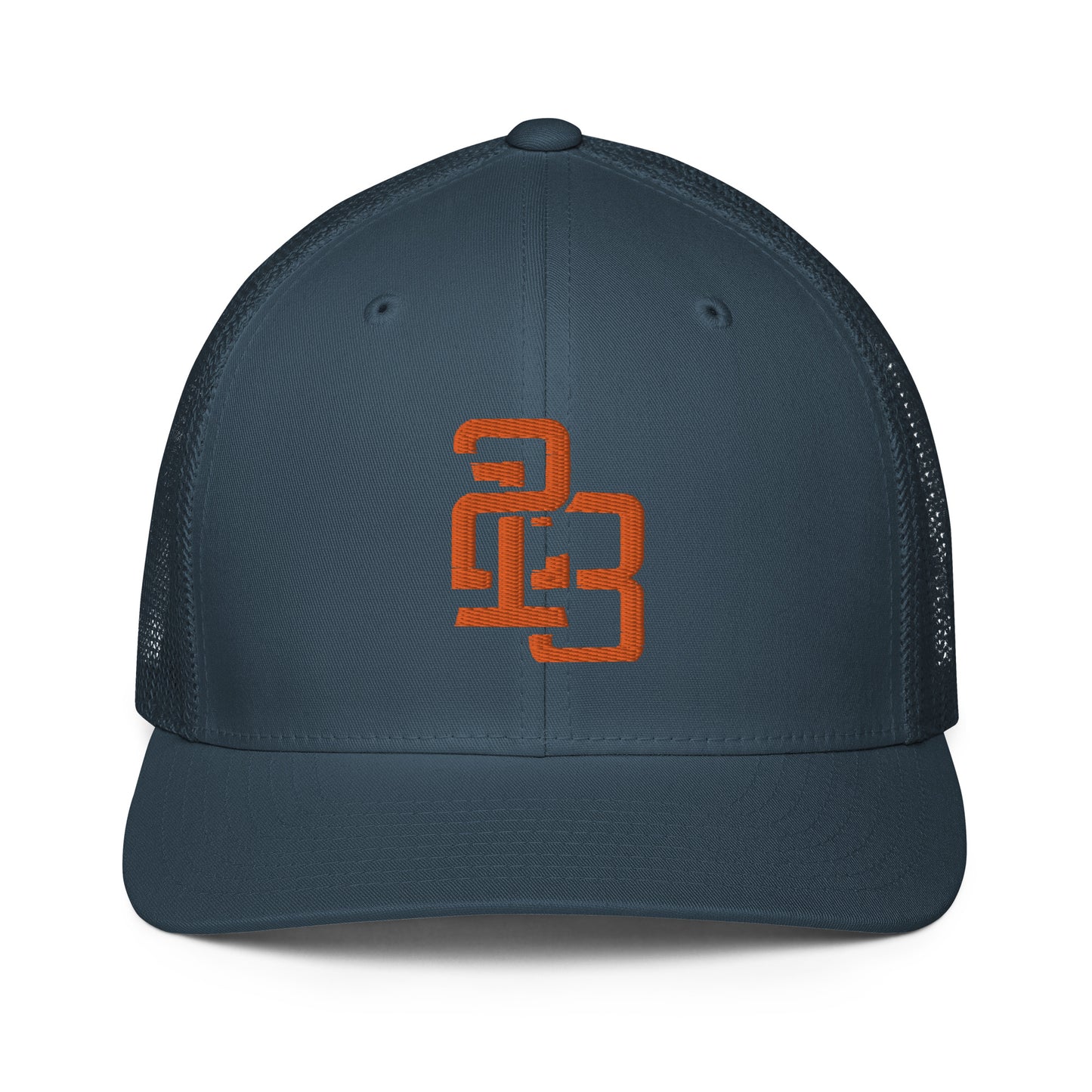 "213" Closed-Back Trucker Cap | Flexfit 6511 | E Luna CLASSIC Solocrest 1 Orange Thread Front Logo