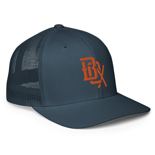 "BOX" Closed-Back Trucker Cap | Flexfit 6511 | E Luna CLASSIC Solocrest 1 Orange Thread Front Logo