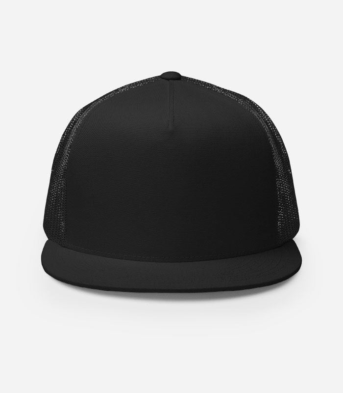 Blank black Yupoong 6006 Five Panel Trucker Cap, front view