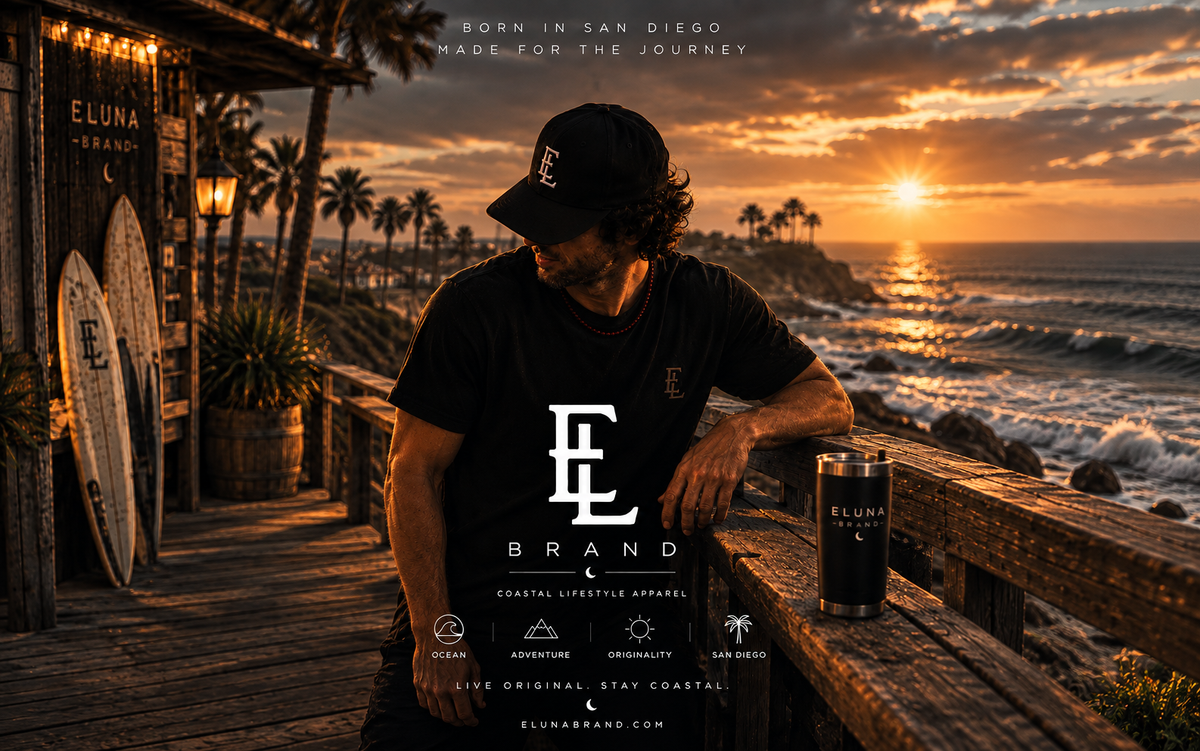 E Luna Brand coastal campaign with a man wearing an EL cap and shirt at sunset