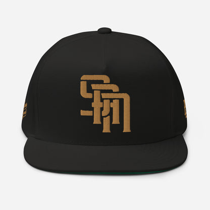 "SAN" Flat Bill Cap | Yupoong 6007 | E Luna Brand PREMIUM Quadcrest 4 Old Gold Thread Logos: Front, Left, Right Signature & Back [3D Puff Edition]