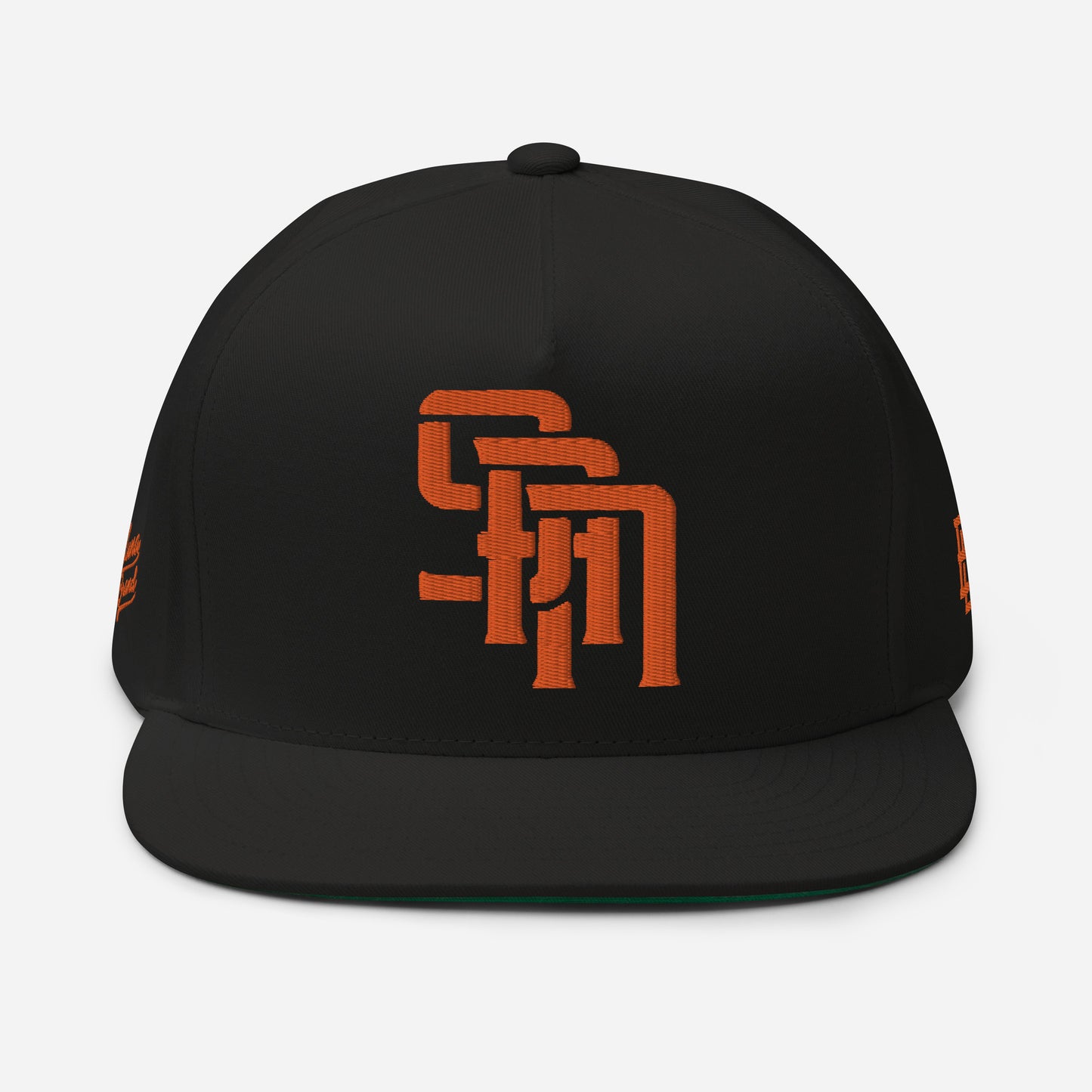 "SAN" Flat Bill Cap | Yupoong 6007 | E Luna Brand PREMIUM Quadcrest 4 Orange Thread Logos: Front, Left, Right Signature & Back [3D Puff Edition]