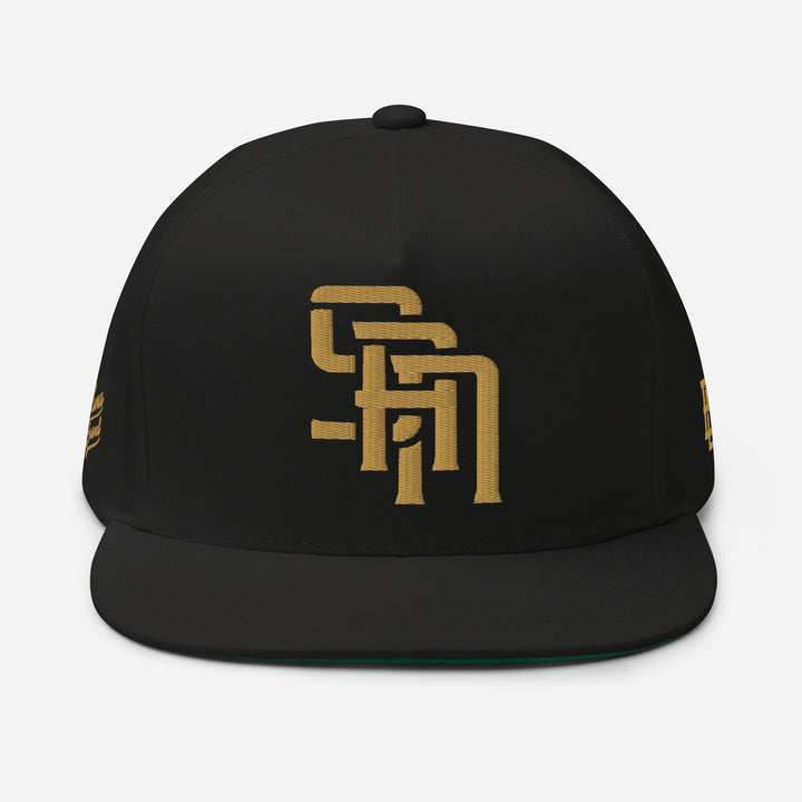 "SAN" 2.0 Flat Bill Cap | E Luna Brand PREMIUM | 4 Old Gold Thread Logos [3D Puff Edition]