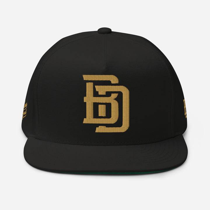 "BD" Flat Bill Cap | E Luna Brand PREMIUM | 4 Old Gold Thread Logos | 3D Puff Edition