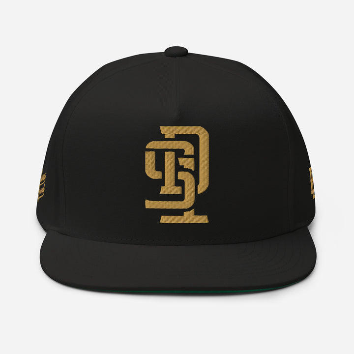 "SD1" Flat Bill Cap | E Luna Brand PREMIUM | 4 Old Gold Thread Logos | 3D Puff Edition